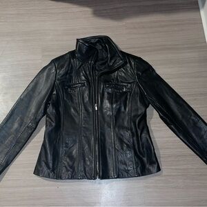 Avanti Black Leather Motorcycle Jacket with Stand-Up Collar